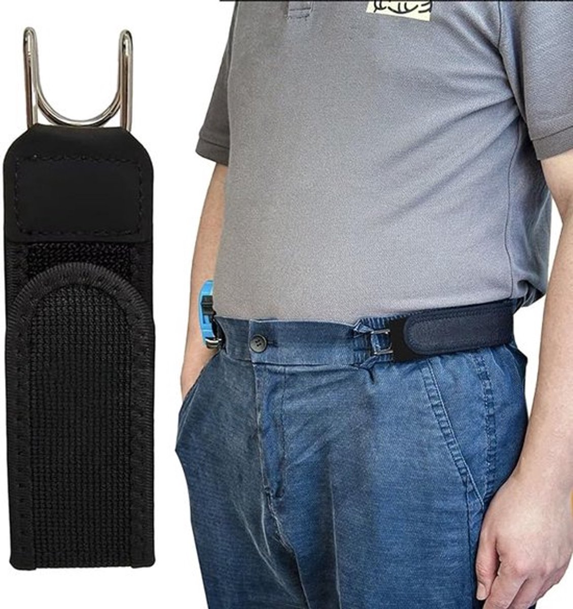 MDUG Heren heupriem zonder gesp - Zwart - One size fits all - Elastische heupriem met klittenbandsluiting - Praktisch, comfortabel en draagbaar - Geschikt voor diverse gelegenheden zoals woon-werkverkeer, kantoorwerk, vrije tijd en reizen