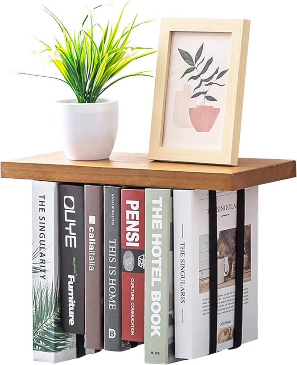 Famanu Onzichtbare zwevende boekenplank met verstelbare band, creatieve ondersteboven boekpresentatie, houten wandplank voor boekliefhebbers Bruin