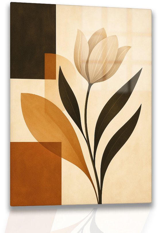 Abstracte kunst van een beige tulp met donkere bladeren en bruine rechthoeken op een crèmekleurige achtergrond, op glas.