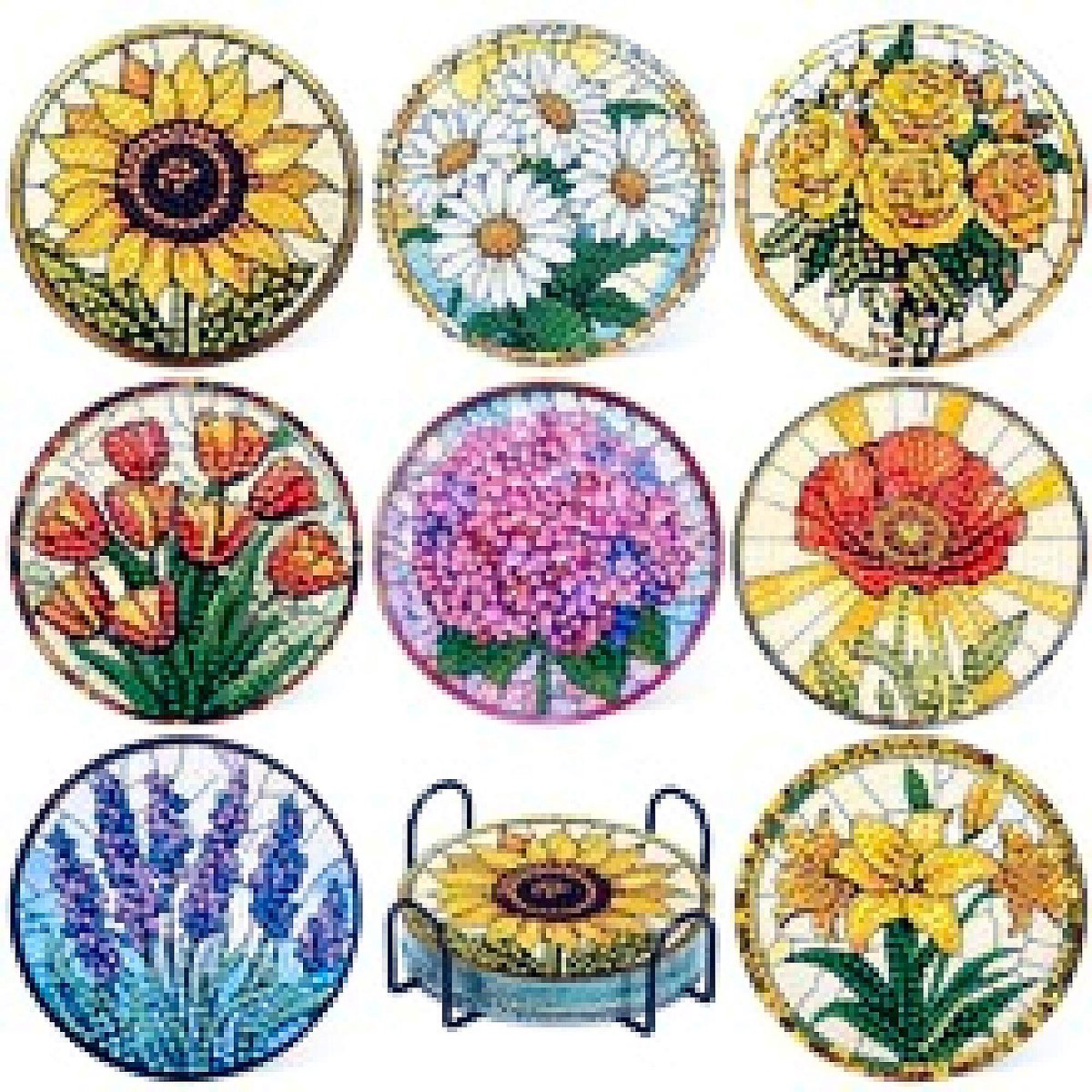 VDTOYS® DIAMOND PAINTING voor volwassenen - bloemen - Onderzetters - Coasters - Onderleggers - Ronde steentjes - 8 stuks - Compleet Hobbypakket - set AL 859 bloemen 6