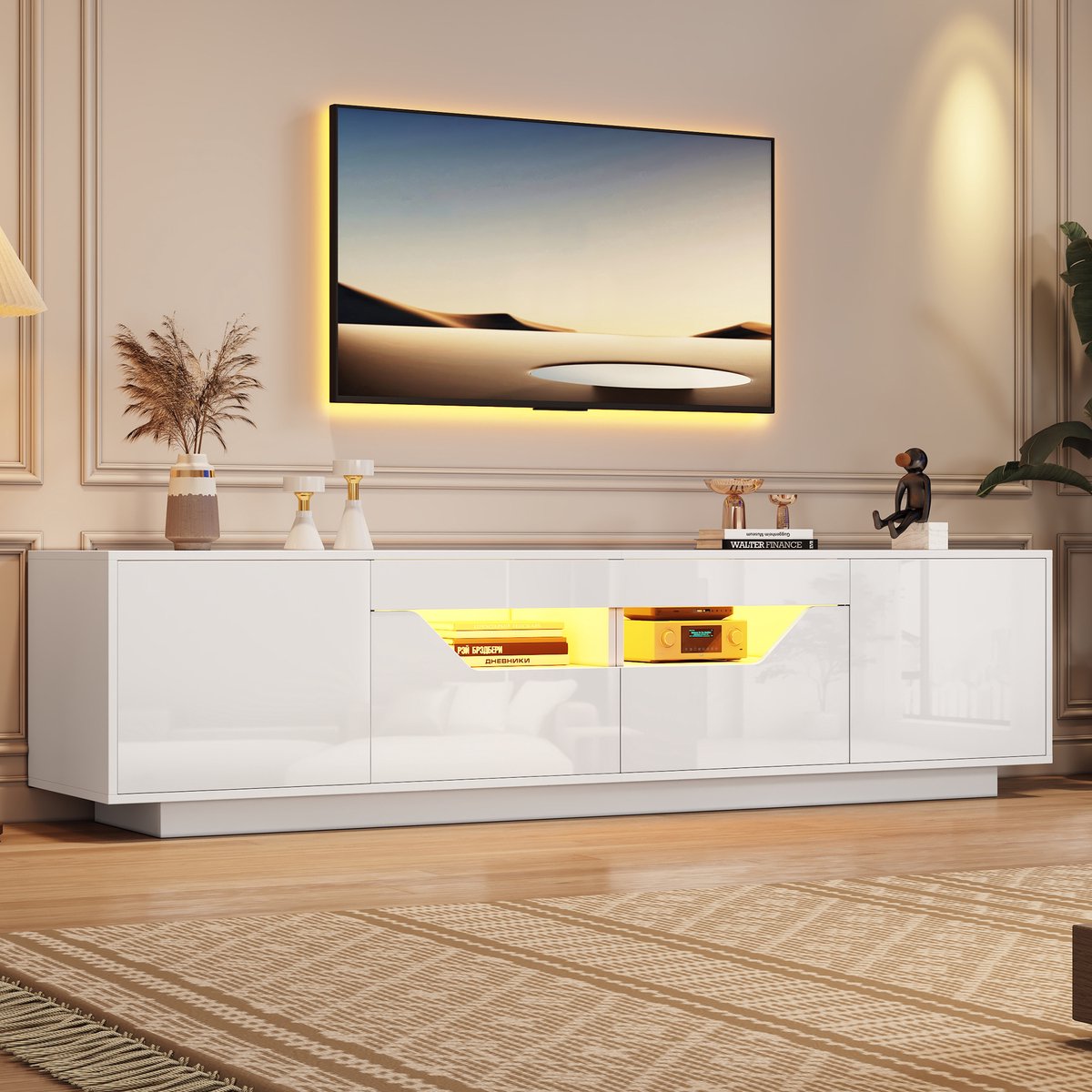 STILVORA TV-Meubel - Hoogglans TV-Kast Met LED En 2 Lades En 2 Kasten - App-Gestuurde LED 