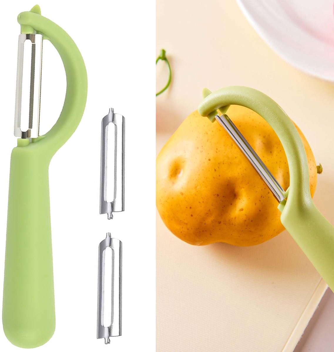 Unyqoos® Groene ergonomische dunschiller met extra messen voor groenten en fruit