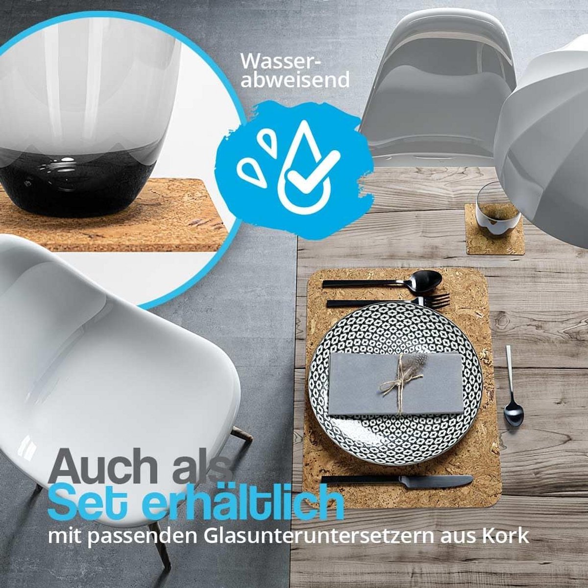 Set van 4 Kurken Placemats met Glas Onderzetters - Hittebestendig & Afwasbaar