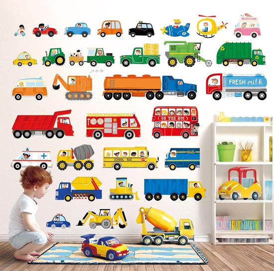 Grote Set Muurstickers Voertuigen voor Kinderkamer - Auto's, Brandweer