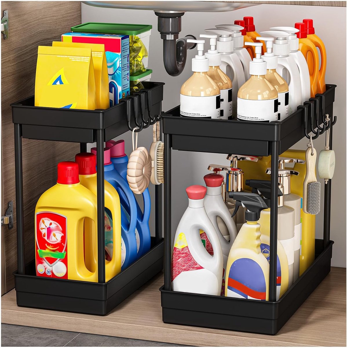 Famanu – Set van 2 onder-gootsteen organizers – 2-laags keukenopslag met uittrekfunctie – Multifunctionele kastorganisatie voor keuken en badkamer – Zwart