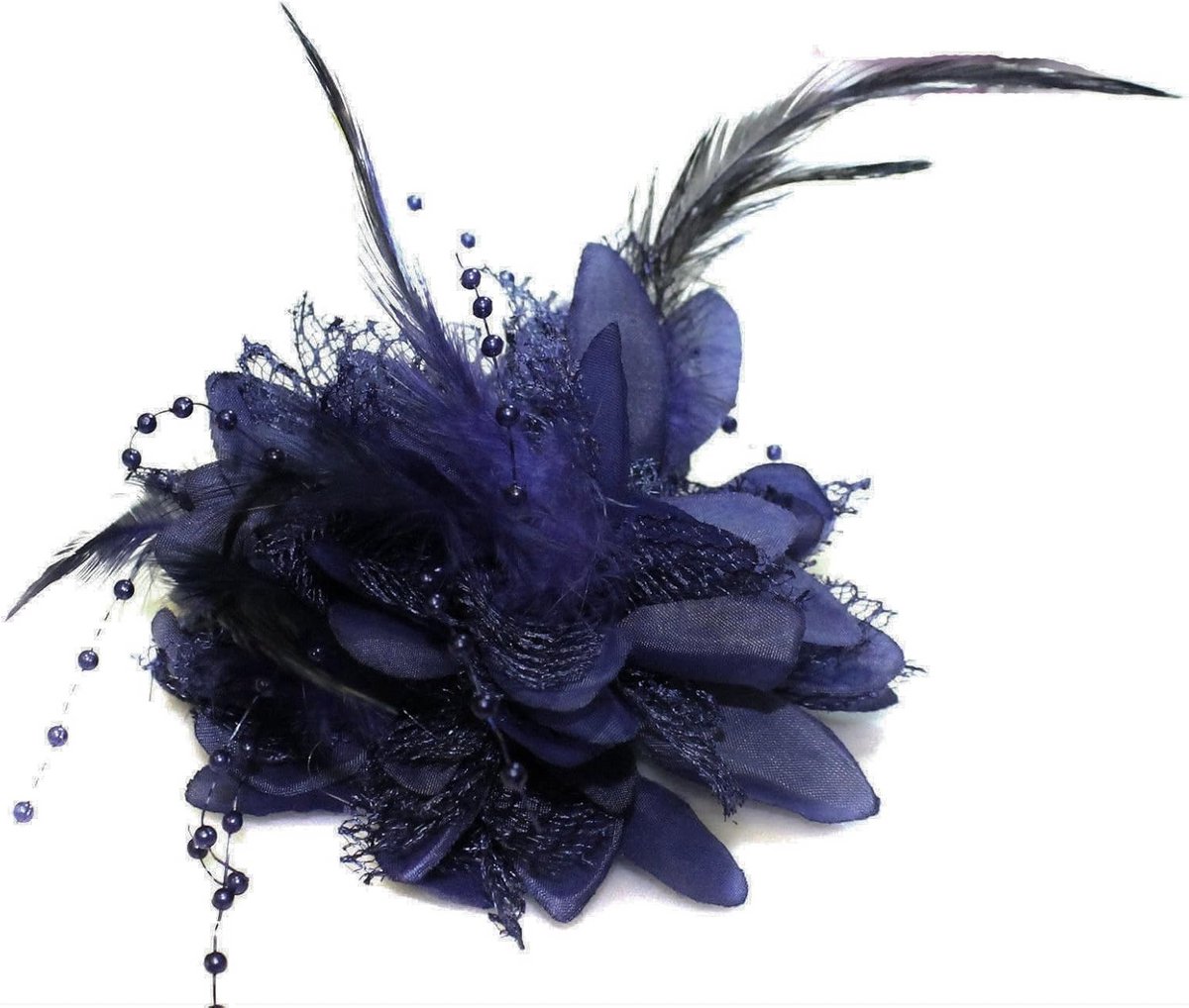 Elegante Bloemen Corsage Haaraccessoires Set Marineblauw met Veer en Kraal