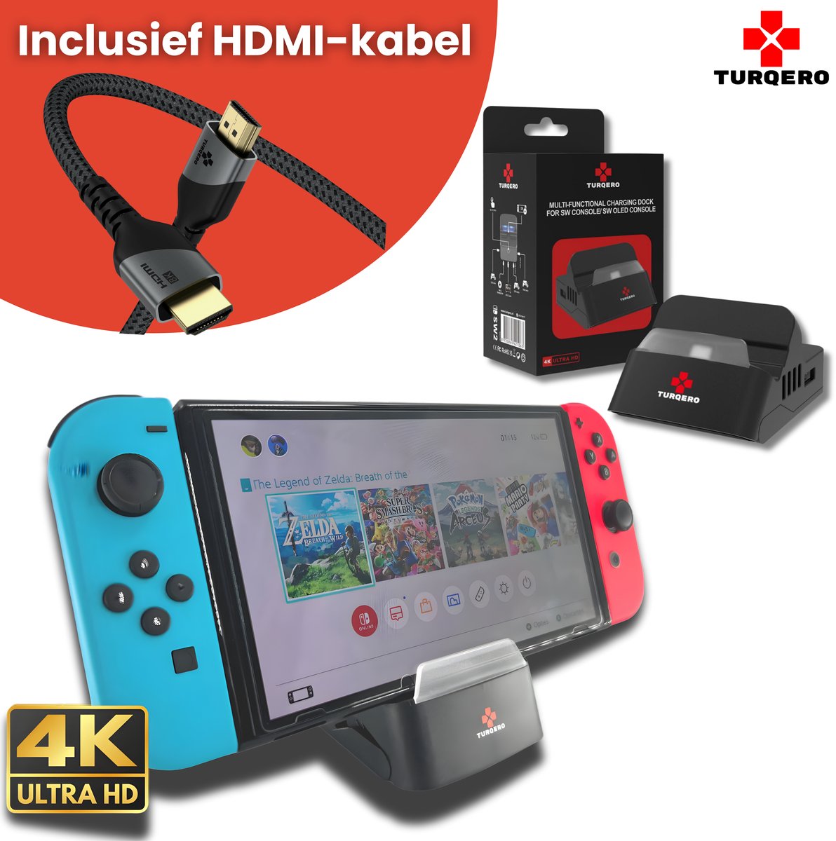 Turqero TV Docking Station Set voor Nintendo Switch & OLED – 4K UHD - HDMI Output en Oplaadfunctie - Nintendo Switch Accessoires - met Tv/Monitor aansluiting voor Schermprojectie