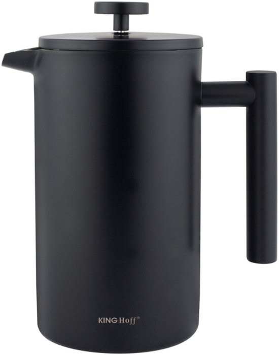 KINGHoff French Press 1 Litre – Noir Mat – Acier Inoxydable à Double Paroi – Infuseur à Café & Thé Luxe – KH-1996