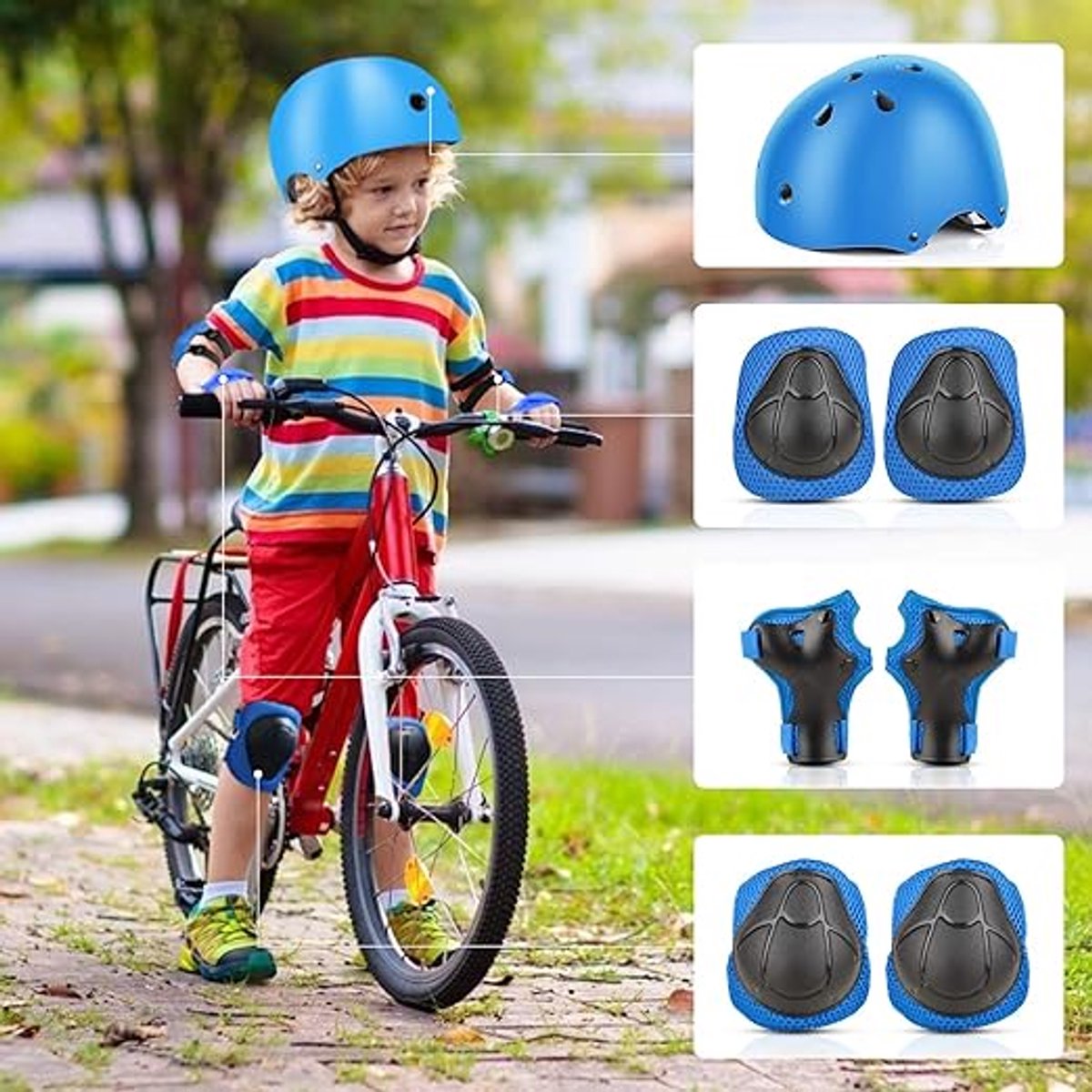 Beschermingsset voor kinderen 7-in-1 skatehelm beschermers kniebeschermers inline beschermingsuitrusting set voor skateboard scooter rijden scooters kinderen van 3-12 jaar Blauw