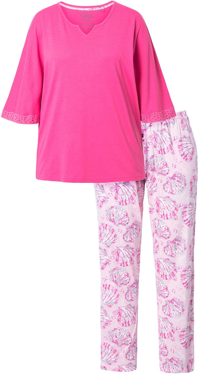 Ulla Popken Dames - Pyjama mosselen tuniekhalslijn halve mouwen - Roze - Maat 46+