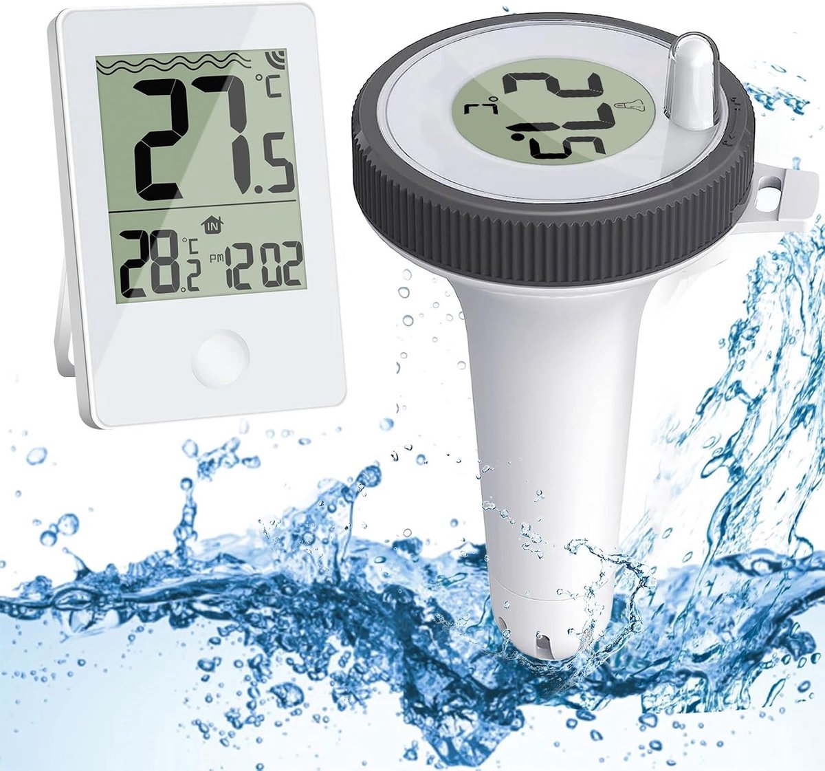Zwembadthermometer - Watertemperatuurmeter - Draadloos drijvend - Draadloze digitale drijvende zwembadthermometer - Gemakkelijk af te lezen buiten-/binnentemperatuurmonitor - Voor zwembaden