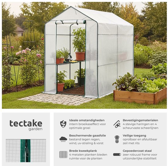 Een witte hobbykas met groen frame, planten en groenten, in een tuin.
