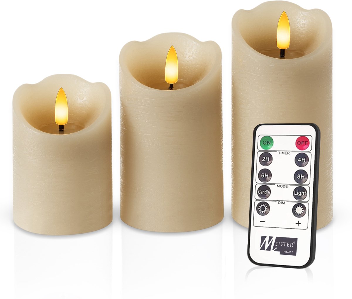 Meisterhome – 3 x Led Stompkaars Rustiek - Matera Beige – Stompkaars Echte wax – Led kaarsen - 10 / 12.5 / 15 cm Hoog - Met afstandsbediening – Timer 2/4/6/8 uur - Dimbaar