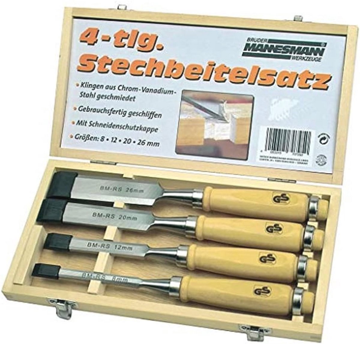 4-delige Steekbeitelset in Houten Cassette - Perfect voor Houtbewerking