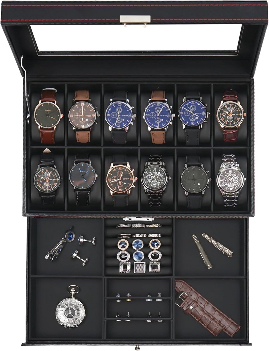 12 Sleuven Horlogedoos voor Heren - 2-Laags Organizer met Glazen Deksel