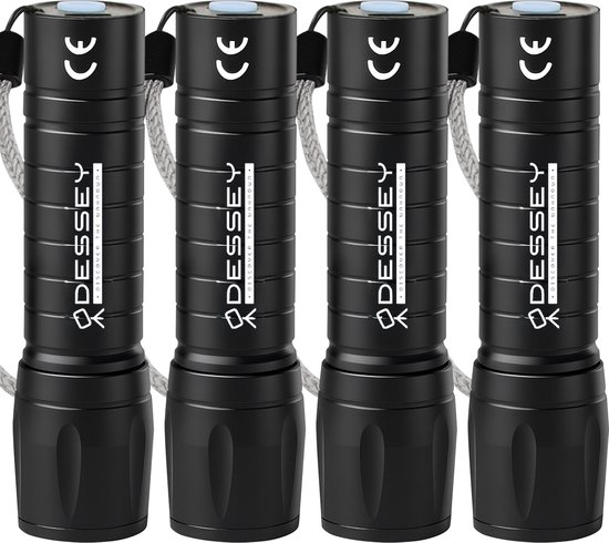 ODESSEY Zaklamp LED Oplaadbaar - 4-Pack - COB-Verlichting - met Polsband - Militaire Zaklamp - Zaklampen - Kind - Zwart