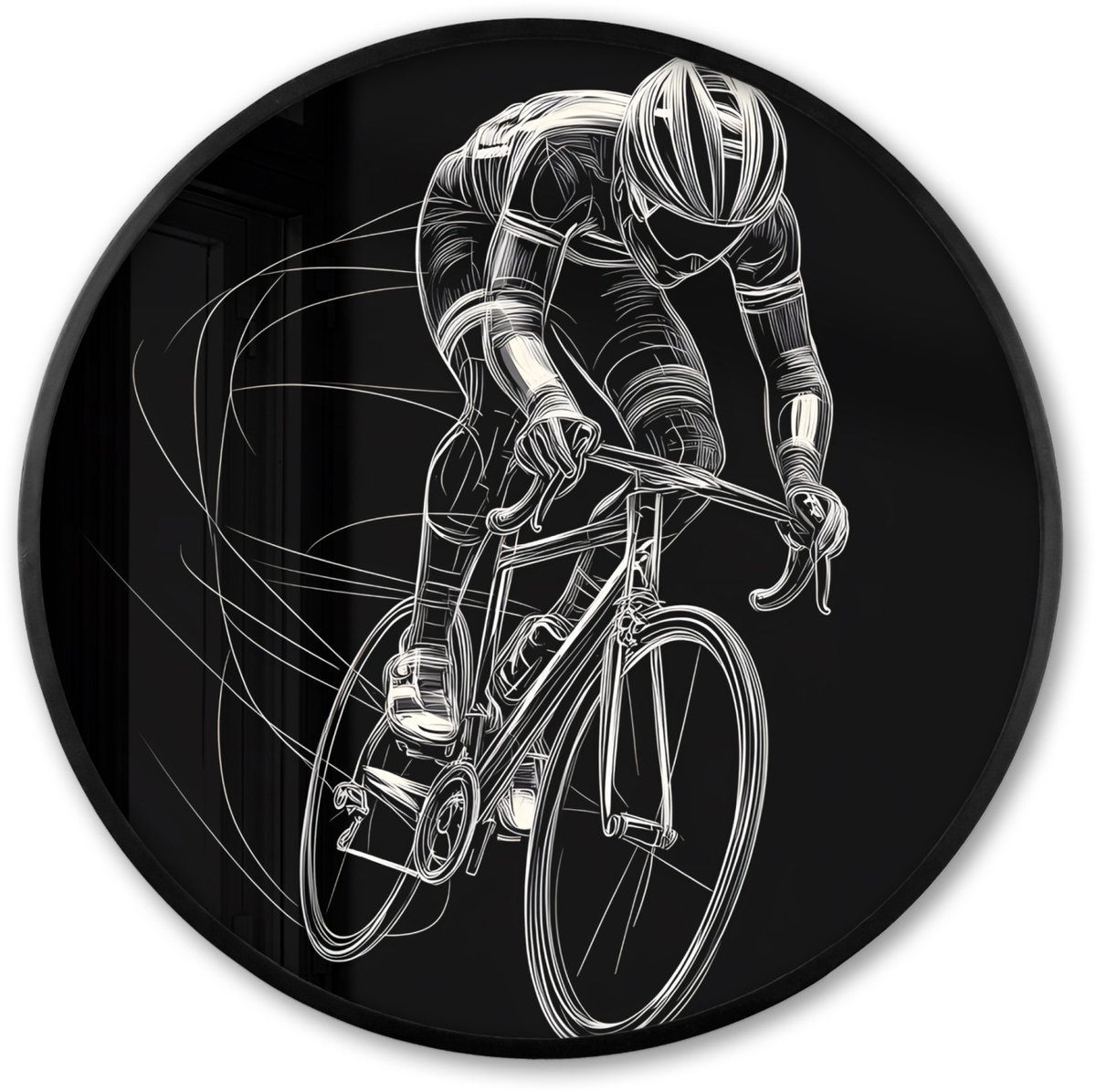 FrameYourWall Poster in lijst Rond - Fotolijst 80x80 cm - Posters - Lijntekening - Wit - Wielrennen - Snelheid - Ronde posterlijst zwart - Decoratie - Wanddecoratie woonkamer - Muurdecoratie slaapkamer Wielrenner - Fiets