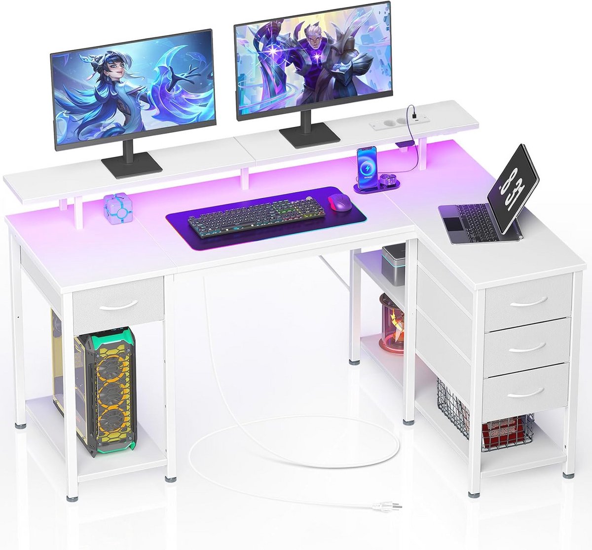 L-vormig computerbureau met stopcontacten en LED-verlichting – Omkeerbaar gamingbureau met opbergplanken