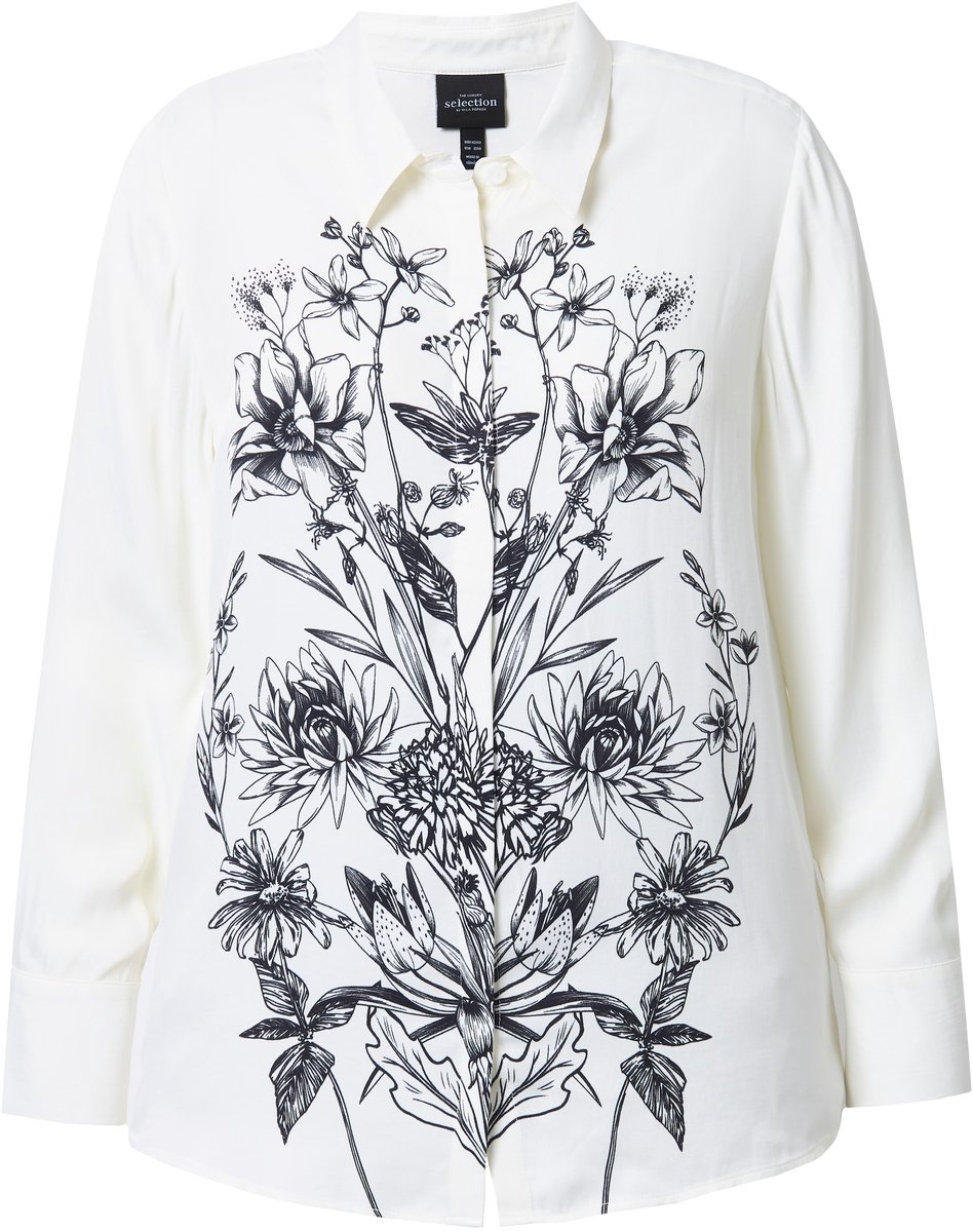 Ulla Popken - Dames - Satijnen blouse bloemen classic overhemdkraag lange mouw - Sneeuwwit - Maat 58+