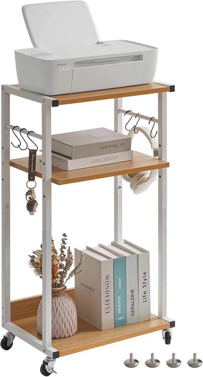 Mobiele printertafel met wieltjes en verstelbare planken voor kantoor