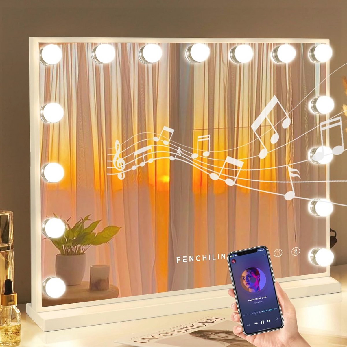 Bluetooth Hollywood Make-up Spiegel met Dimbare LED Verlichting en Aanraakbediening 58x46cm