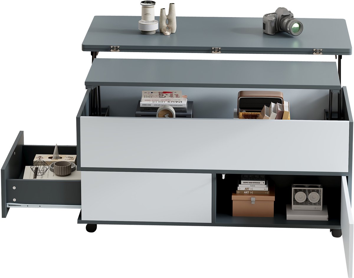 MODFU Salontafel 100 x 98 x 65 cm van spaanplaat, verstelbaar met opbergruimte en wielen, modern ontwerp Grijs