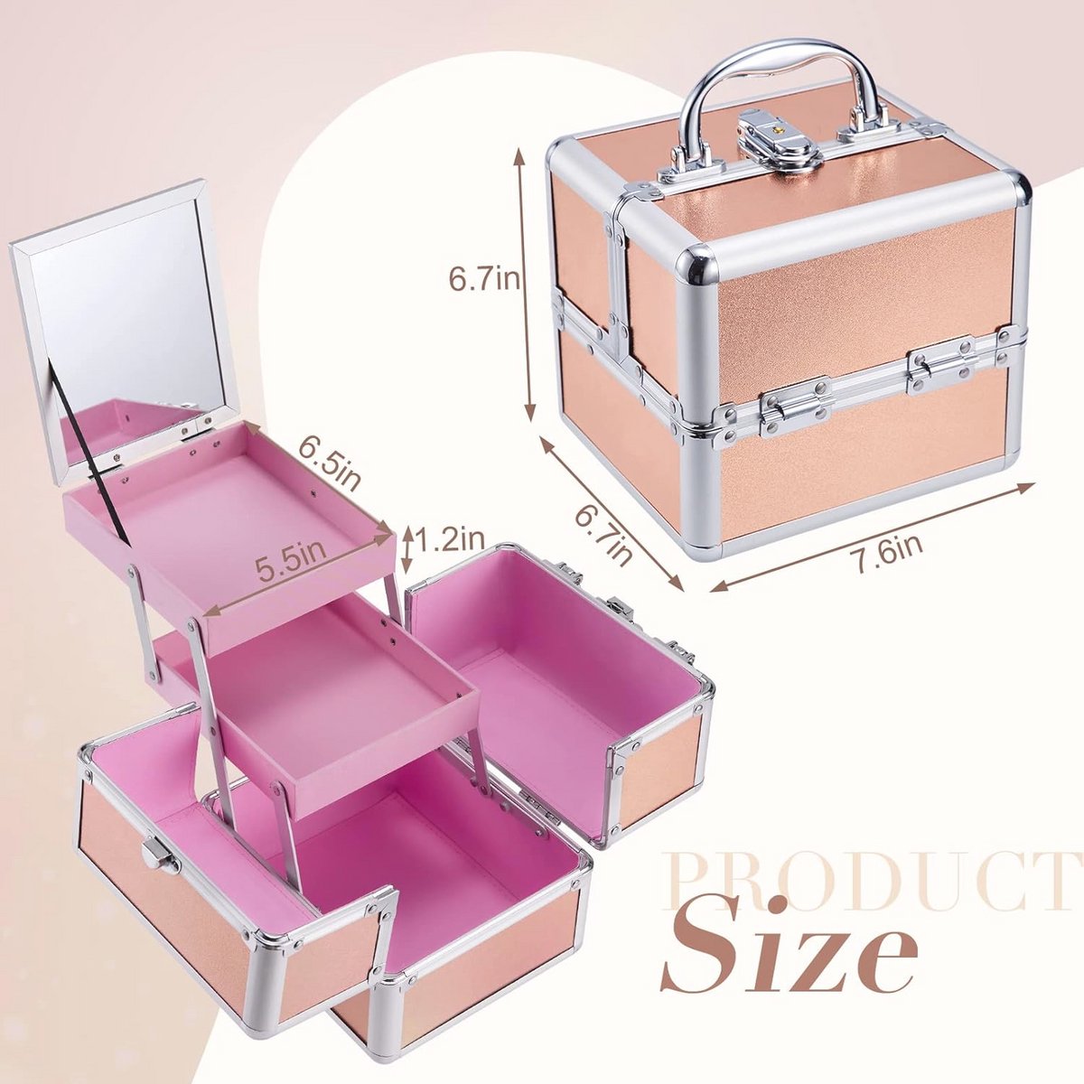 Cosmeticakoffer met spiegel en inklapbare plateaus - Oranje make-up organizer