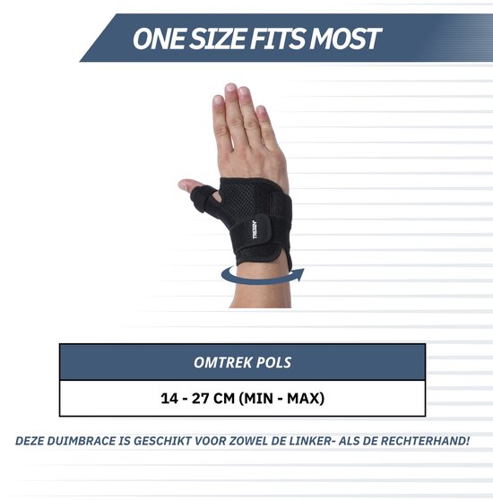 Zwarte duimbrace om de pols van een hand met een draaiende pijl. Omtrek pols 14-27 cm. Geschikt voor links en rechts.