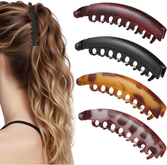 Vier haarclips: schildpadprint, glanzend zwart en amber, naast een vrouw met een paardenstaart en een zwarte haarclip.