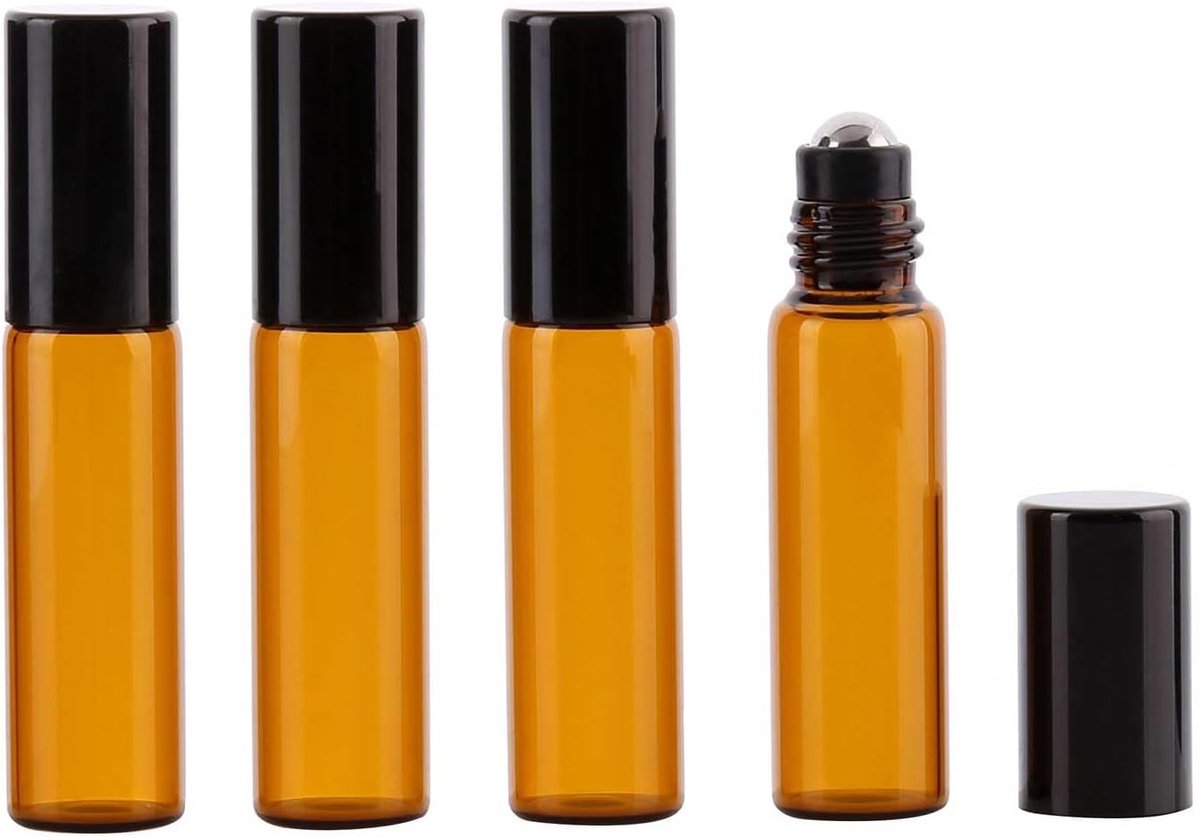 Lege Roll-on Flessen 5ml - Verpakking van 4 - Bruine Roll-on Fles - Leeg met RVS Roller - Essentiële Olie voor Parfum en Aromatherapie