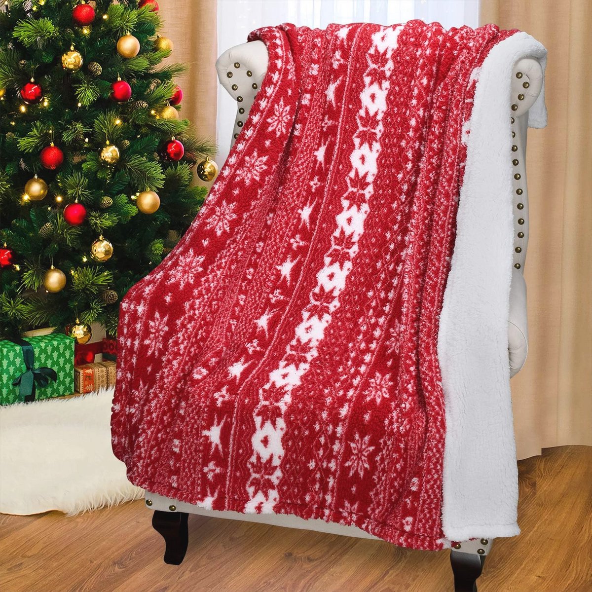 Sneeuwvlok Themed Sherpa Deken - Fluffy en Warme Fleece Deken voor Winterse Avonden - 150 x 130 cm Rood