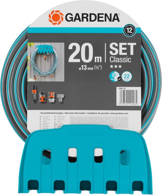 GARDENA Classic 20m tuinslang set 1/2″ met wandhouder, tuinspuit en armaturen, 12 jaar garantie