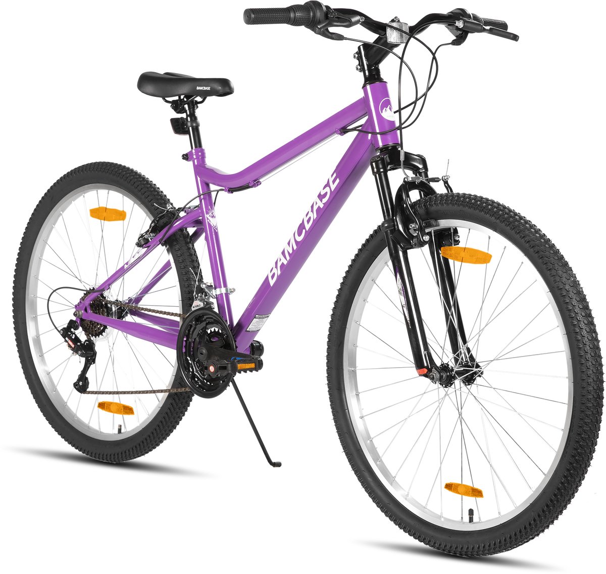 BAMCBASE Lilac Voorvering Mountainbike - 26 inch - Carbonstalen Frame - 18 Versnellingen - Handrem - V-Brake - Spatborden - Paars - Geschikt voor buitenactiviteiten in de lente