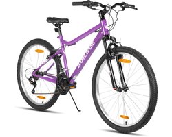 BAMCBASE Lilac Voorvering Mountainbike - 26 inch - Carbonstalen Frame - 18 Versnellingen - Handrem - V-Brake - Spatborden - Paars - Geschikt voor buitenactiviteiten in de lente