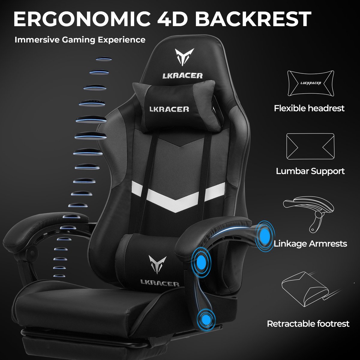 LUCKRACER Gaming Bureaustoel met Lendensteun - Zwart - afbeelding 2