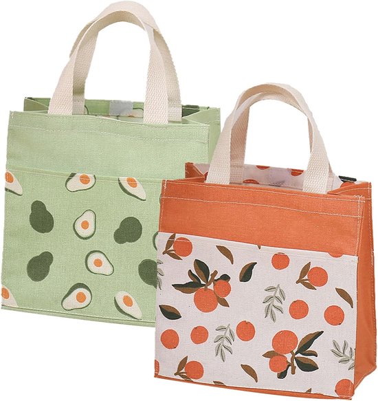 Fabric Bags with Handles, 2 Pieces Small Fabric Bags with Handles, Shopping Bags of Cotton Tote Bags Reusable, for School, Office, Travel, Holiday(Yellow Orange, 22 * 22cm