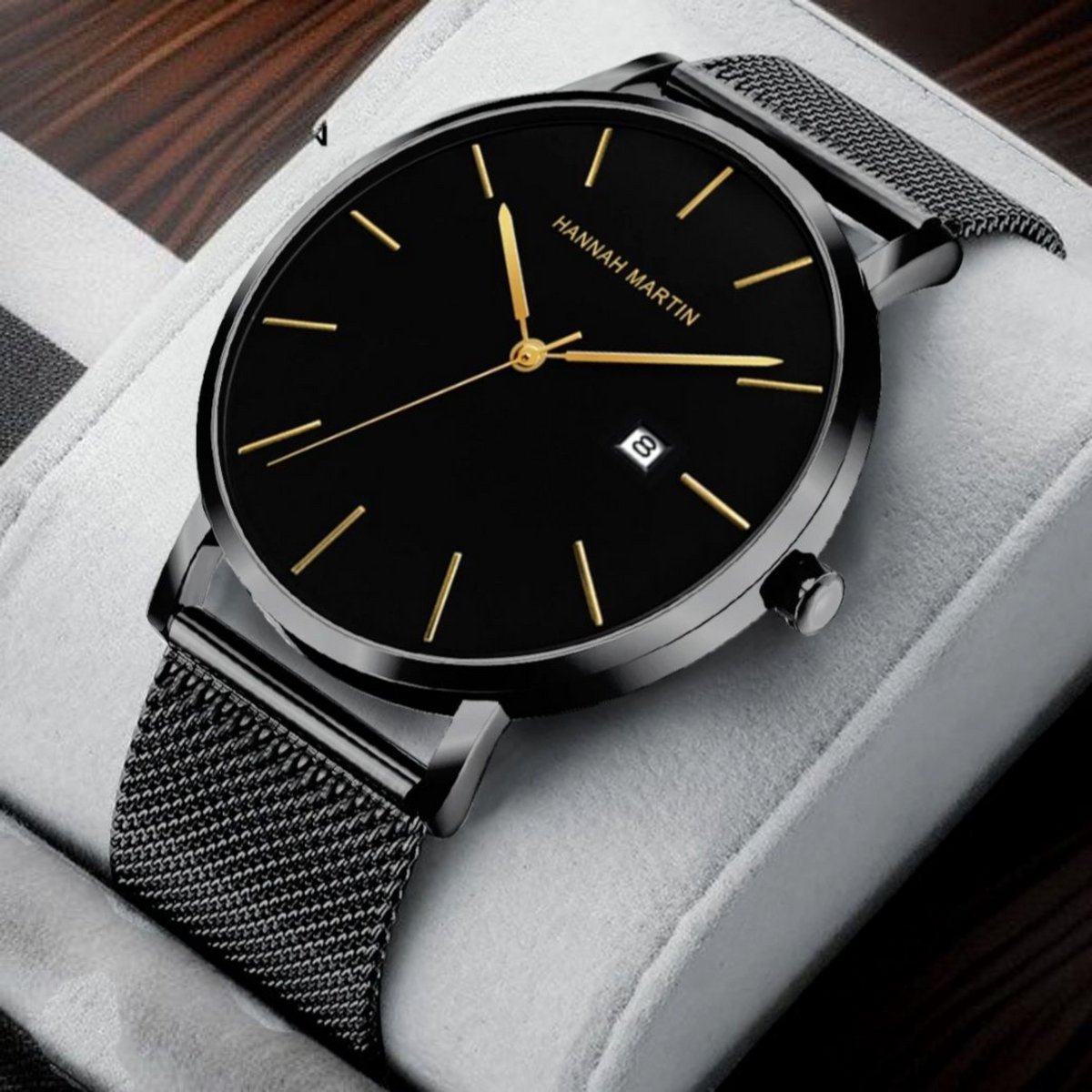 Hannah Martin HM-151 Herenhorloge - Zwart-Goud Wijzerplaat met Zwart Mesh Band Luxe Minimalistisch Japans Quartz Uurwerk - Roestvrijstalen Mesh Band - 6 Elegante Kleuren - Tijdloos Design
