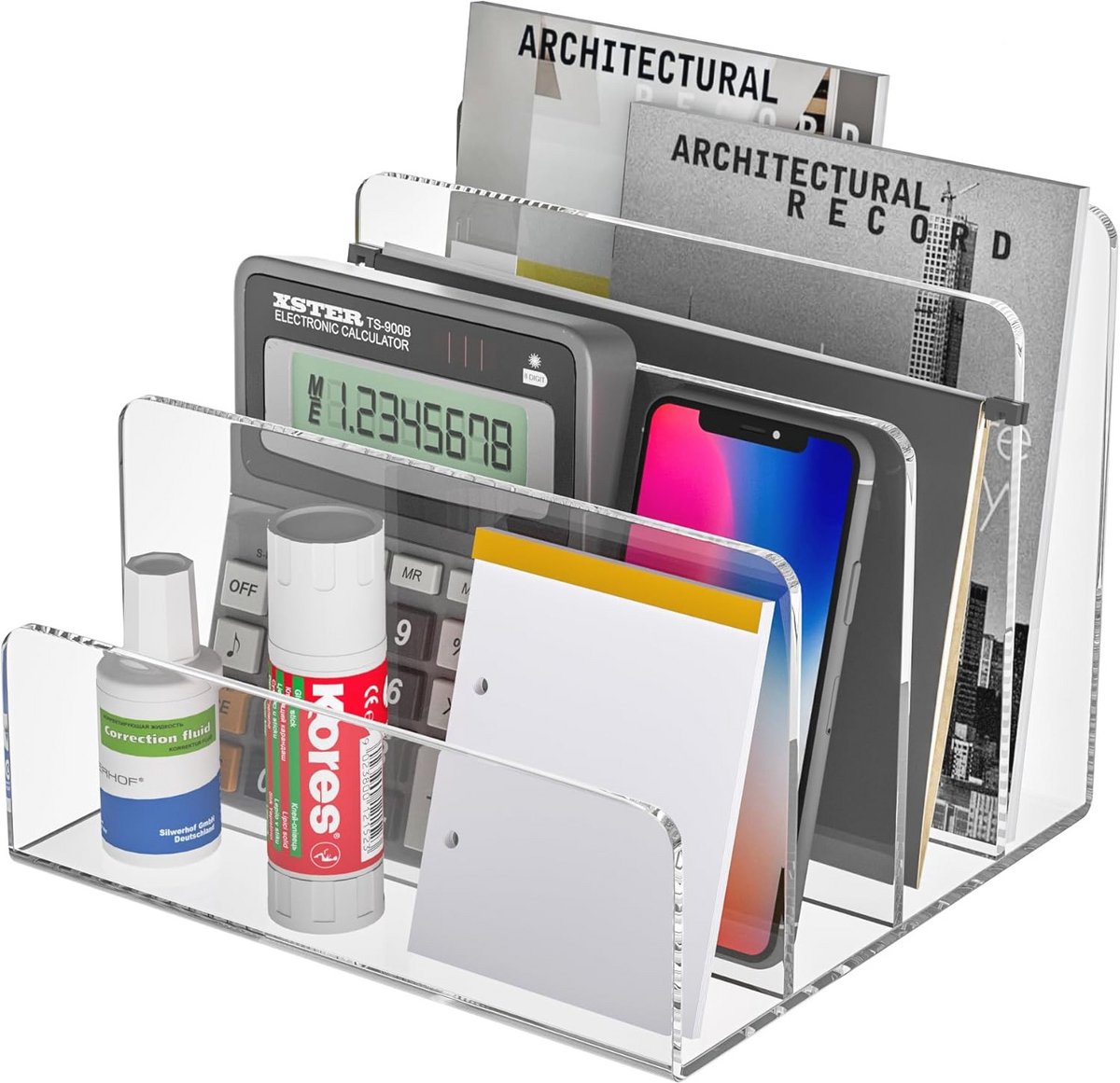 Acryl documentenhouder met 4 vakken - Doorzichtige bureau-organizer en kantoormagazijn