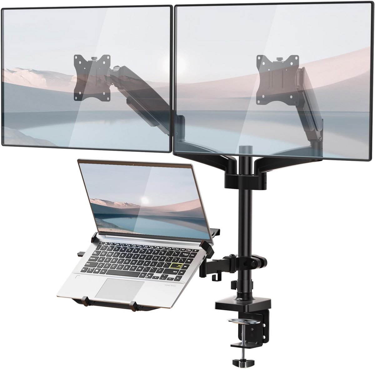 Dubbele Monitorstandaard met Laptoplade Gasveer Bureaumontage