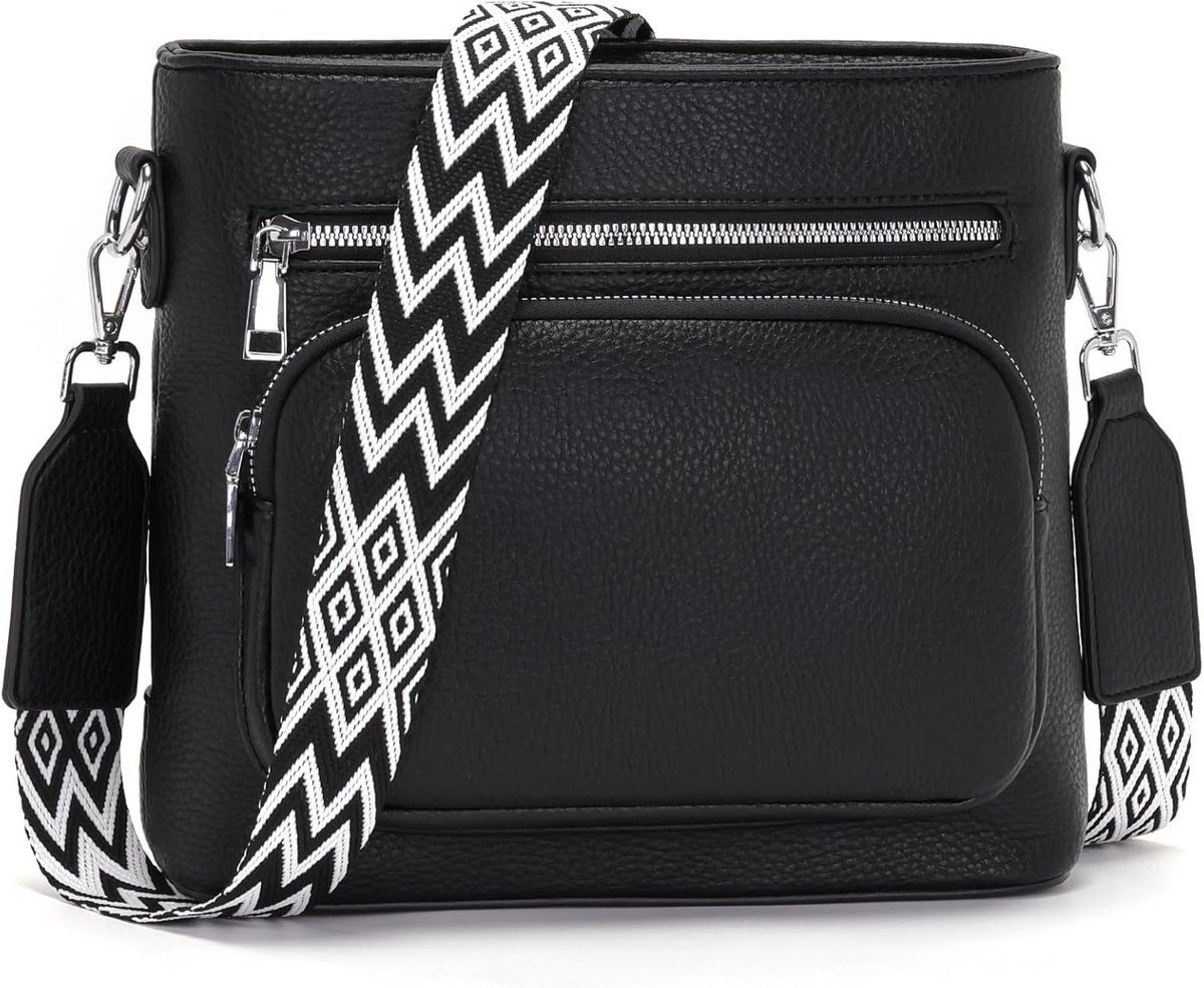Middelgrote Dames Schoudertas Crossbody Tas met Brede Verstelbare Band - Zwart PU Leer