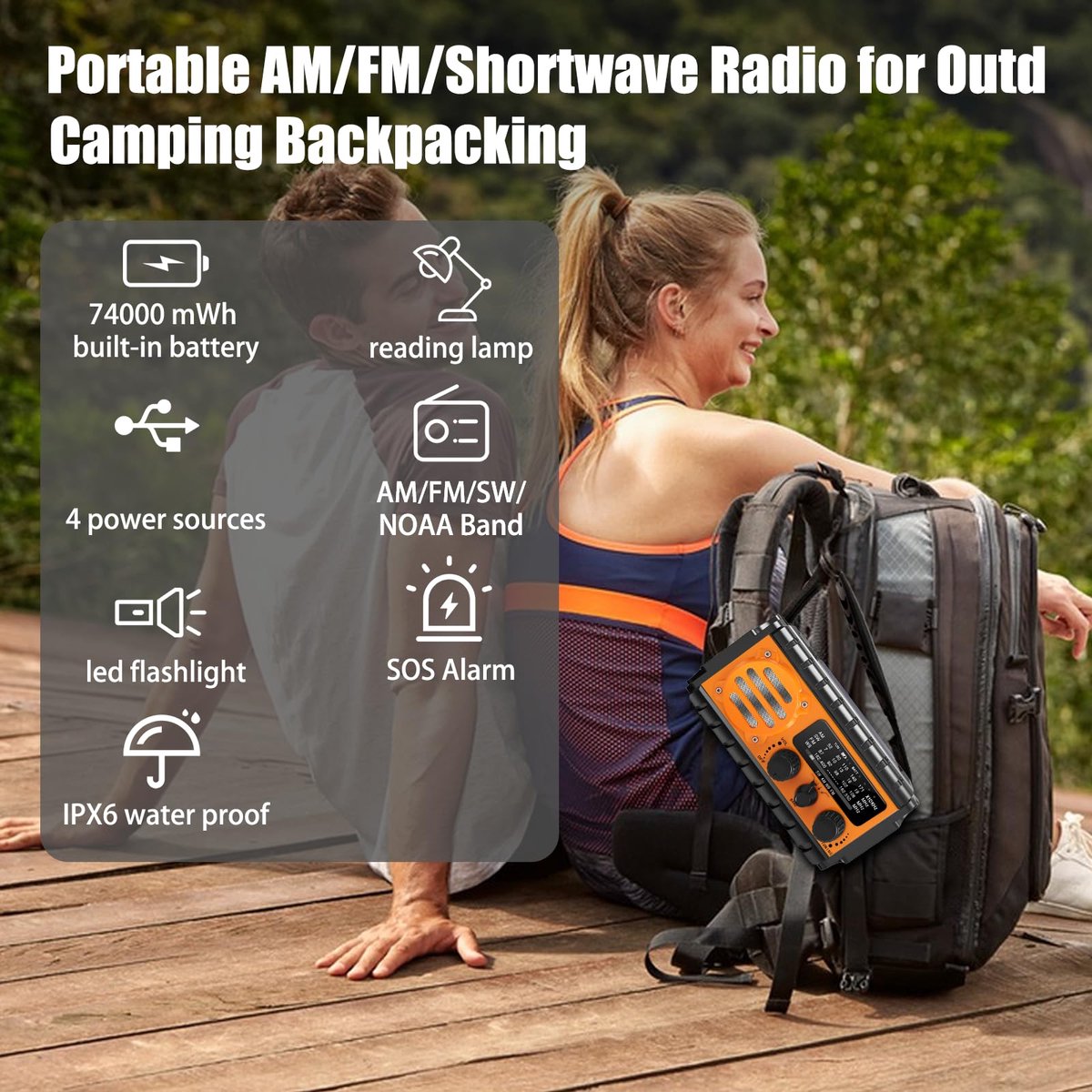 Noodradio met 20000mAh Powerbank - SW/NOAA/AM/FM weerradio, handbediende oplader met grote batterij, draagbaar, opladen van mobiele telefoon, SOS, zaklamp voor noodgevallen/thuis en outdoor – foto 3