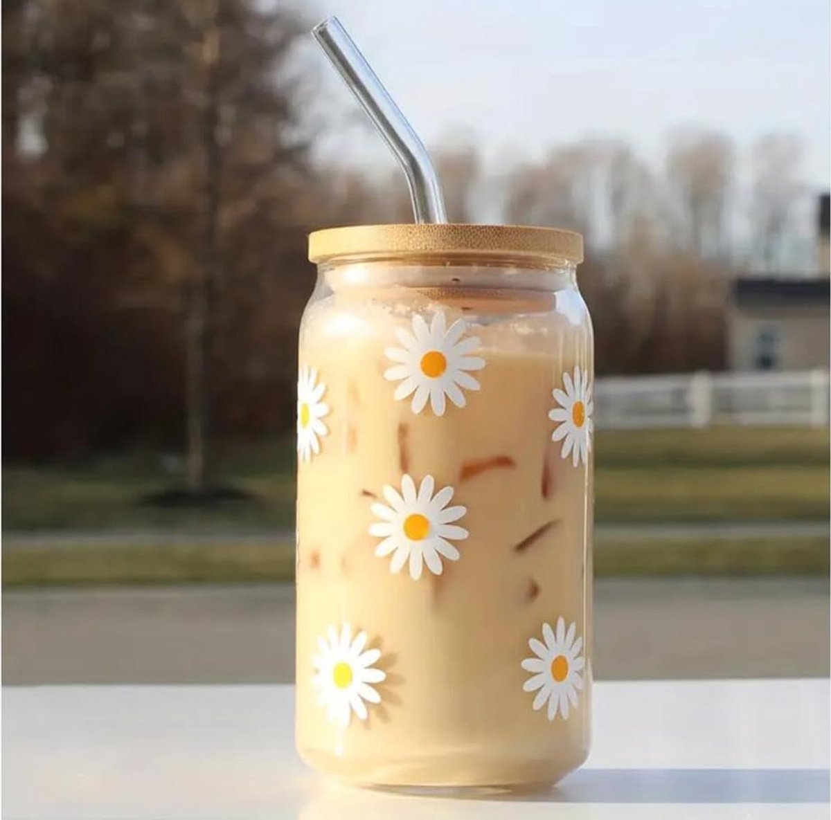 Glazen Iced Coffee Beker met Bamboe Deksel en Rietje, 500ml