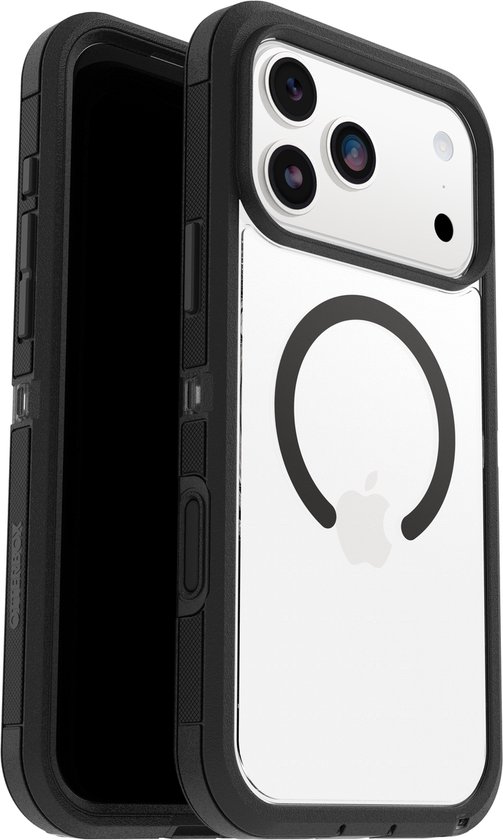 Zwarte Otterbox Defender Pro XT case voor iPhone met transparante achterkant en MagSafe-ring.