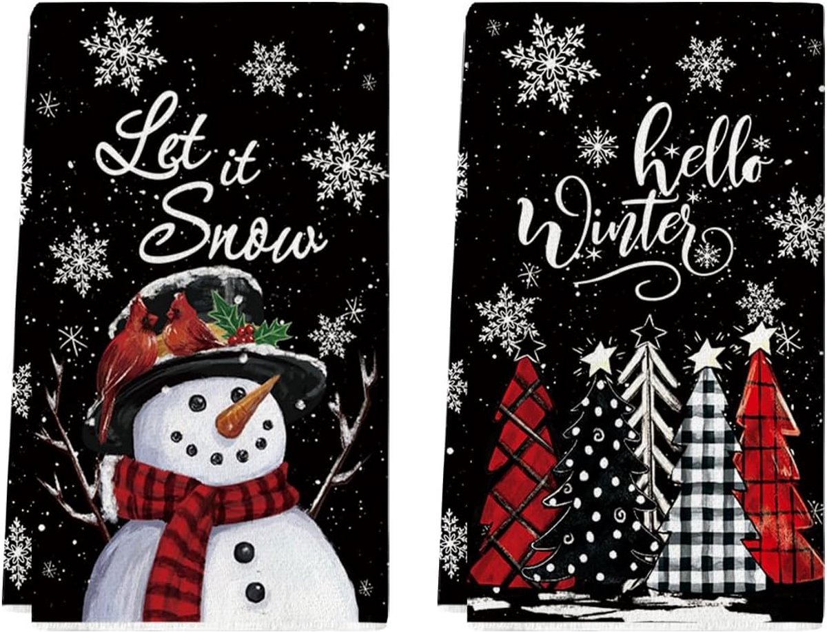 Set van 2 Keukenhanddoeken Kerst Sneeuwpop en Winterdecoratie Theedoeken 45 x 66 cm