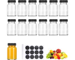 60 ml Plastic Shot Bottles voor Vullen - 13 Herbruikbare Kleine Glazen Mini Flessen met Labels voor Sap - Gember - Specerijen - Zwart