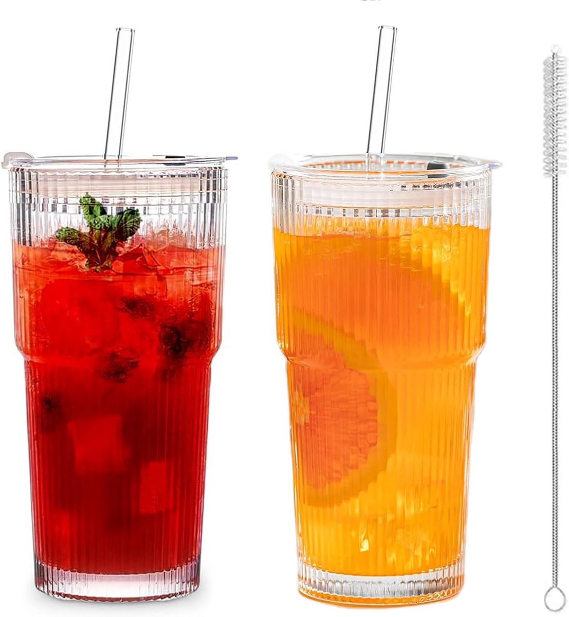 Set van 2 Luxe 600ml Ribbel Glazen met Deksel en Rietje voor Koude Dranken