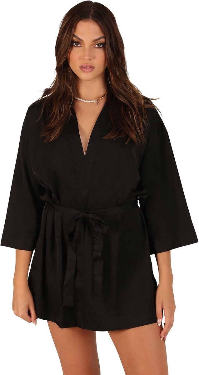 Dames Kimono Zwart Satin Look met Tailleband - Luxe Nachtkleding