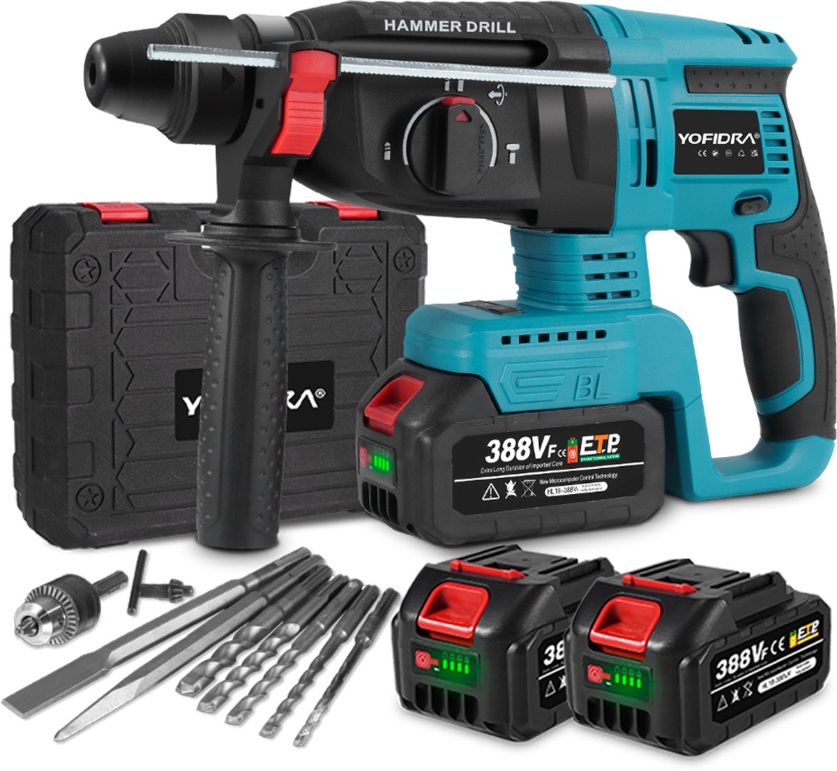 Yofidra Accu Boorhamer - 21V Borstelloze Accuboorhamer - SDS-Plus Boorhamer - 4-in-1 Functies - Slagenergie 2.1 J - mit 2x accu's & 10x accessoires voor doe-het-zelvers en bouwwerkzaamheden