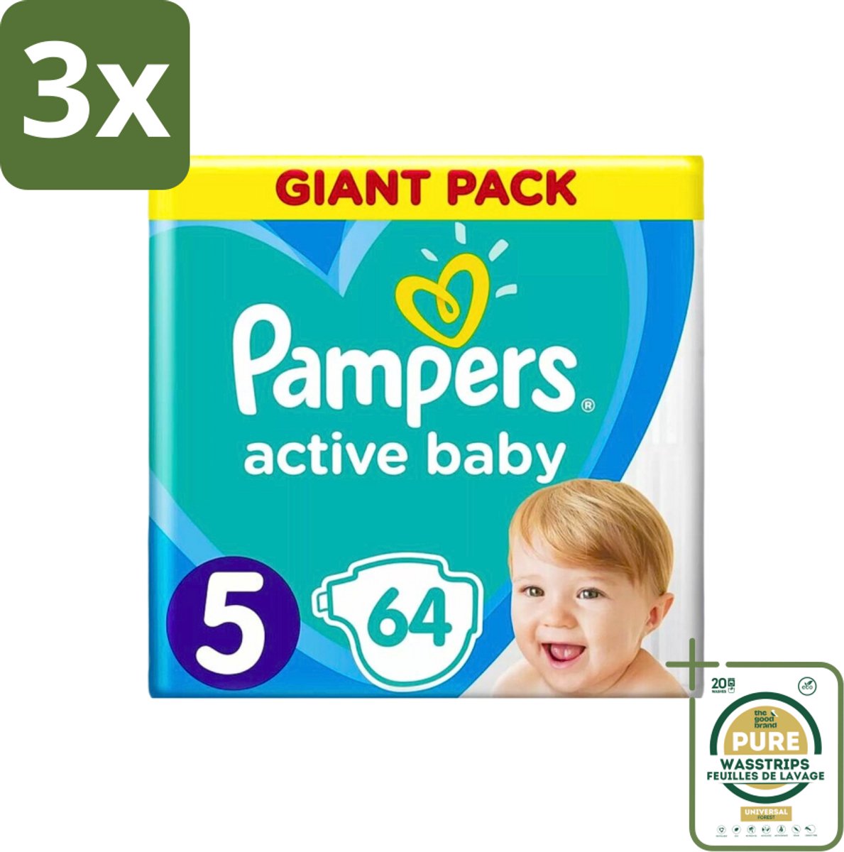 3 x Pampers - Active Baby - Luiers - Maat 5 (11-16 kg) - Zachte Pasvorm - 64 Luiers - Grootverpakking - Baby Luier - Droge Huid - Luchtdoorlatende Luier - Pasvorm Luier - Luier Voor Baby