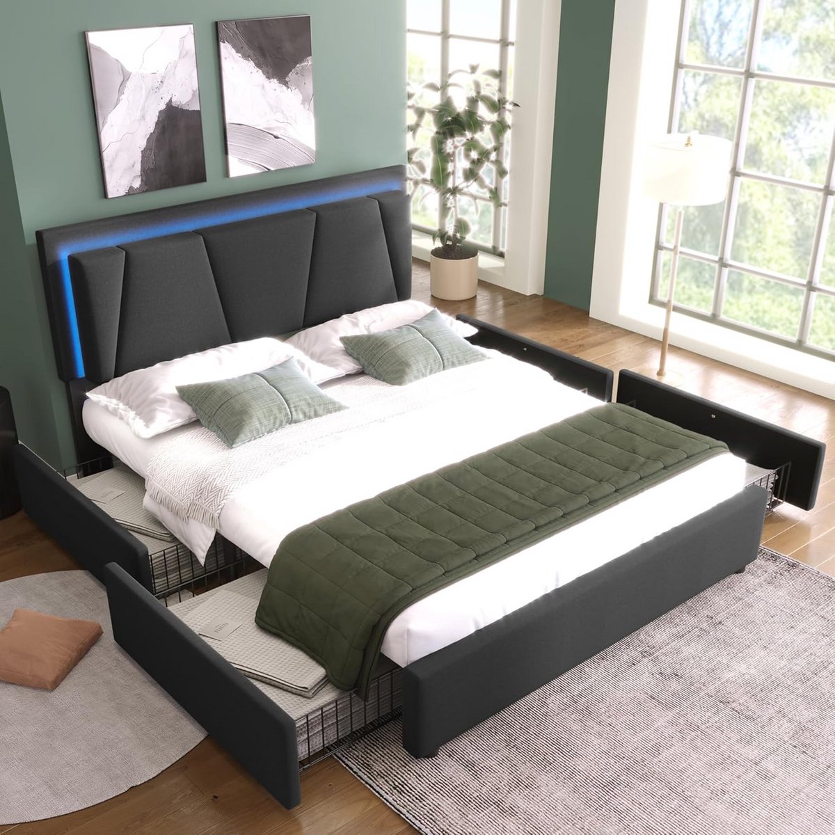 Tweepersoonsbed 140x200 cm met LED-verlichting en 4 Opberglades